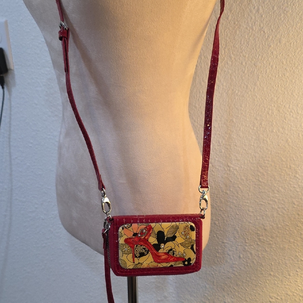 Debbie Brooks NY Hand Signed Crossbody Bag Red W/ High Heel, Flowers,Jewels